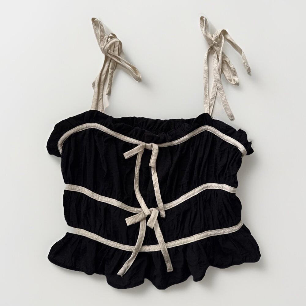 Thirty Thirty LA Crop Top Ruffle‎ Bow Ties Black Cream Coquette Y2K Women's M